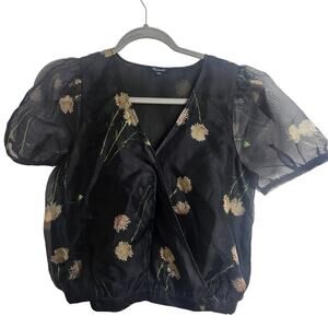 Madewell Blouse Silk Organza Blouse Floral Blouse Puff Sleeve Blouse S Black